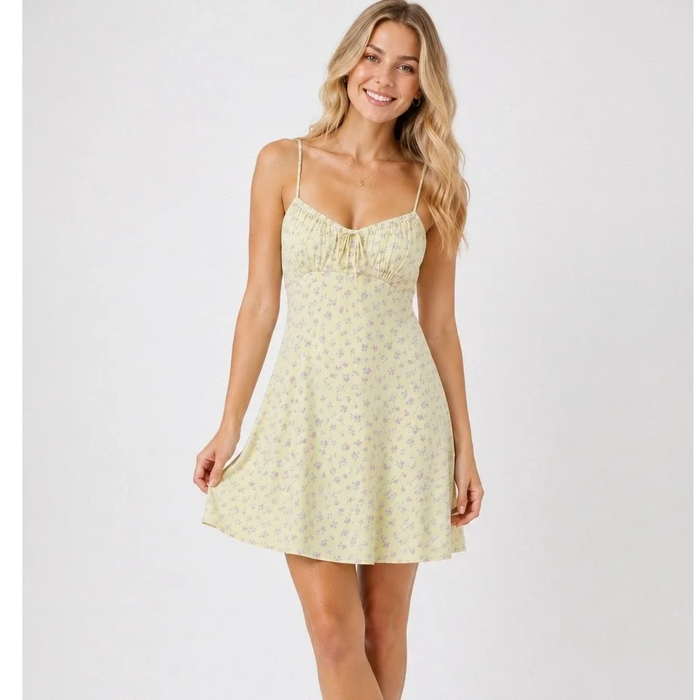 ZARA Floral Smocked Back Mini Dress Coquette Cottagecore Yellow Sz M